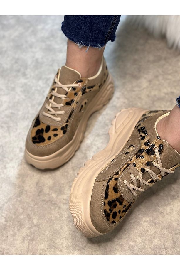Günlük Kadın Bej Leopar Spor Ayakkabı Bağcıklı Kalın Hafif Yüksek Taban Sneaker 001 - 4