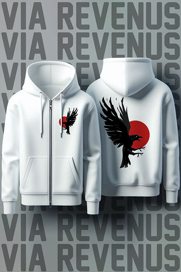 Raven Front and Back Printed Unisex Zippered Hooded White Sweatshirt Cardigan