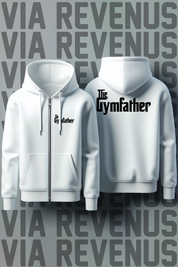 Gym Father Front and Back Printed Unisex Zippered Hooded White Sweatshirt Cardigan