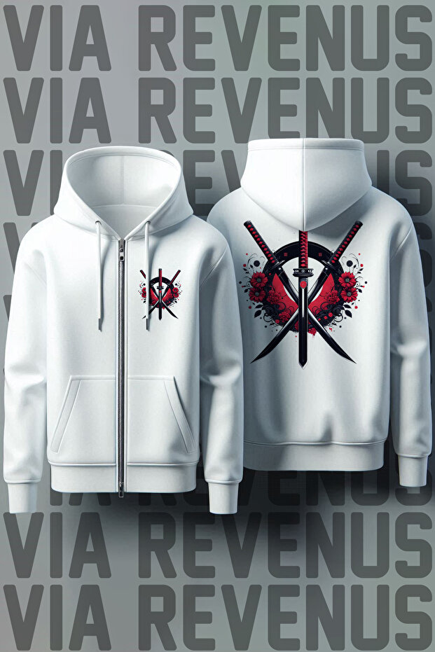 Katana Front and Back Printed Unisex Zippered Hooded White Sweatshirt Cardigan
