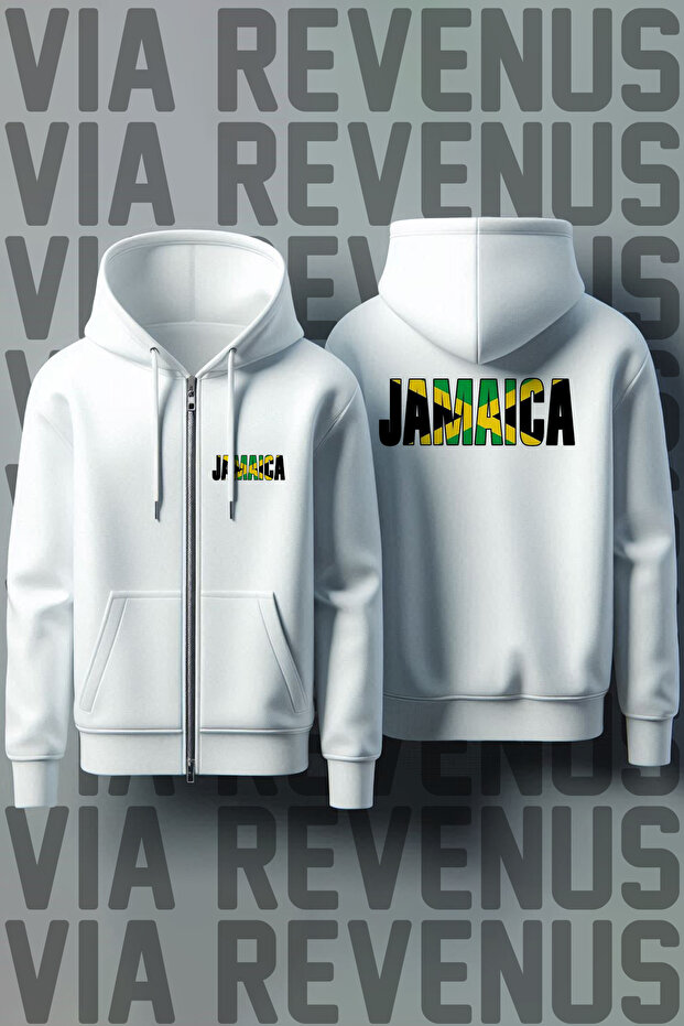 Jamaica Front and Back Printed Unisex Zippered Hooded White Sweatshirt Cardigan