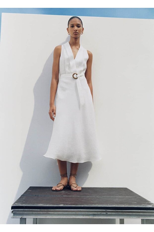 Kemerli keten elbise - 5