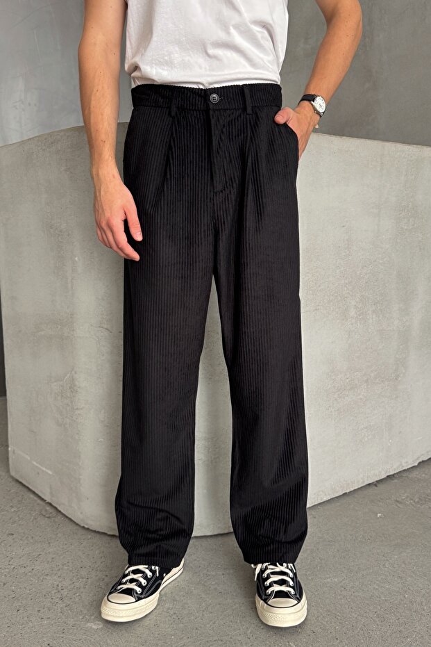 Men's Pleated Baggy Fit Velvet Trousers