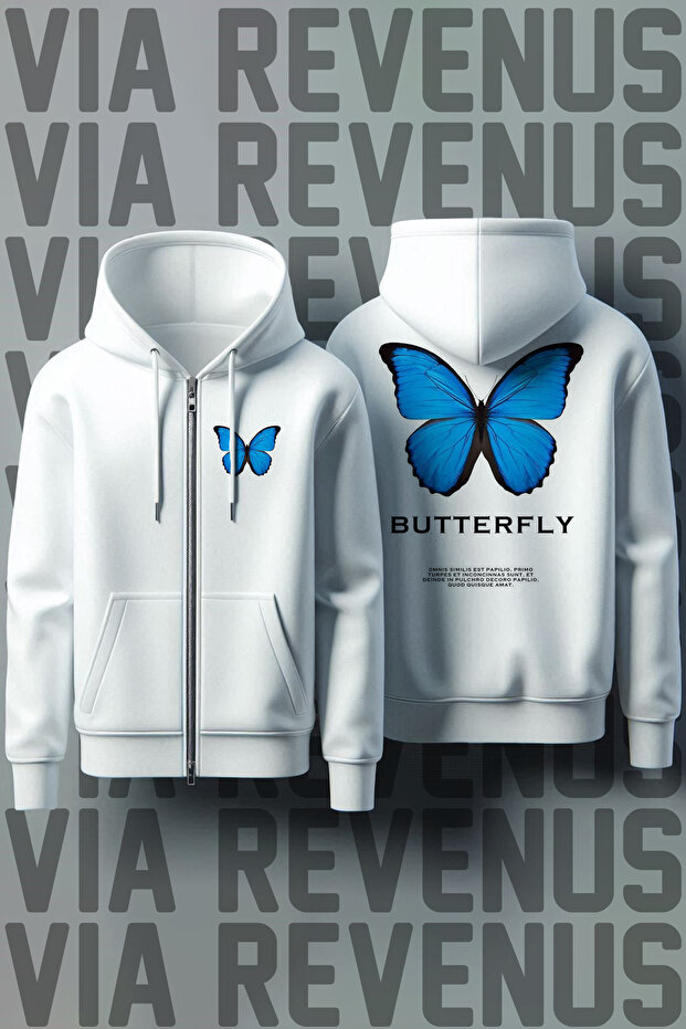 Butterfly Front and Back Printed Unisex Zippered Hooded White Sweatshirt Cardigan
