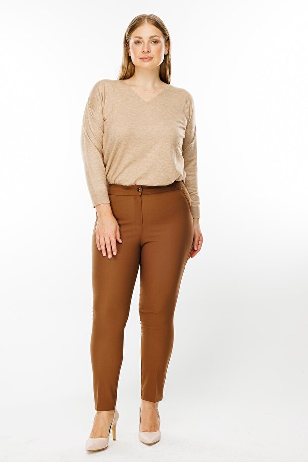 Modailgi Yan Cep Dar Paça Pantolon Taba - 3