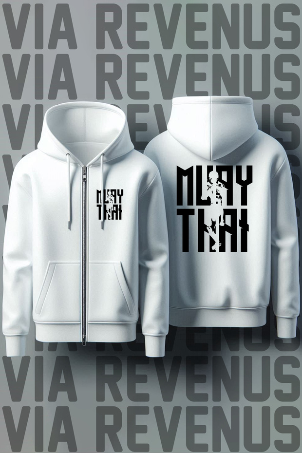 Muay Thai Front and Back Printed Unisex Zippered Hooded White Sweatshirt Cardigan