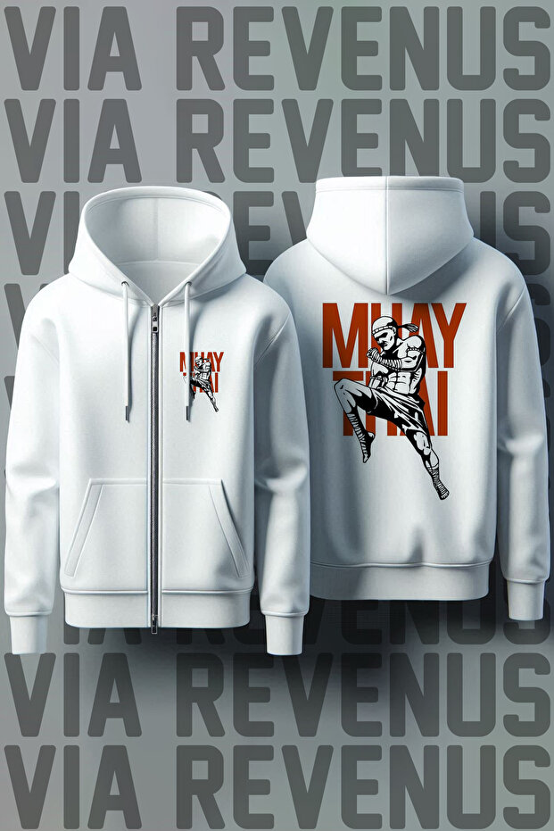 Muay Thai Front and Back Printed Unisex Zippered Hooded White Sweatshirt Cardigan