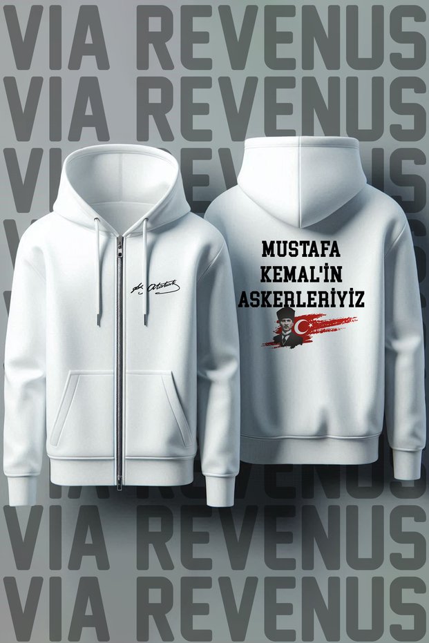 Mustafa Kemal'In Askerleriyiz Front and Back Printed Unisex Zipper Hooded White Sweatshirt Cardigan