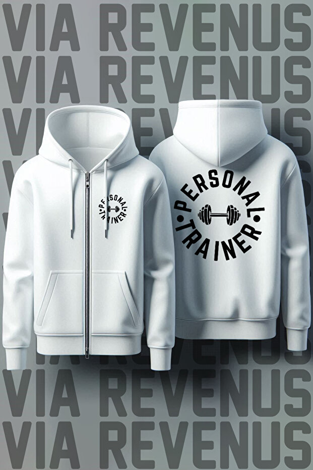 Gym Personal Trainer Front and Back Printed Unisex Zippered Hooded White Sweatshirt Cardigan