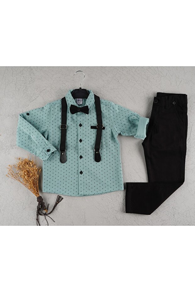 Boy's Green Bow Tie and Suspender Shirt Set Aby135