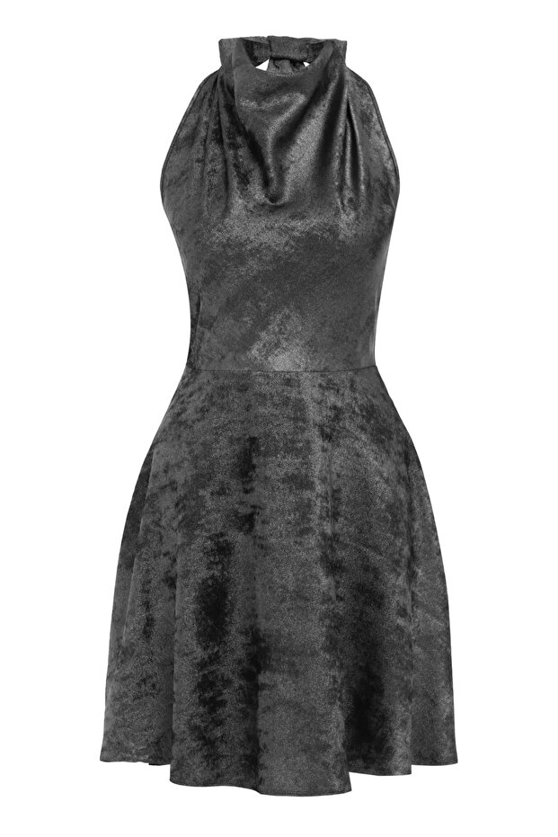 Gümüş örme kolsuz kısa elbise - 1