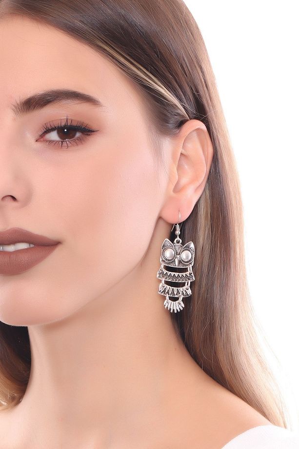 Kadın Antik Gümüş Kaplama Sallantılı Model Baykuş Küpe - 2