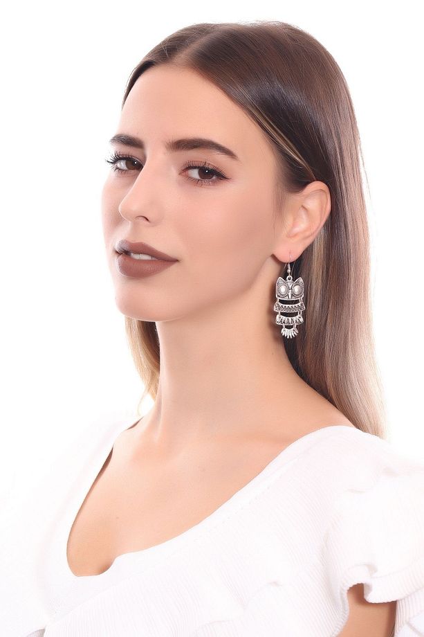 Kadın Antik Gümüş Kaplama Sallantılı Model Baykuş Küpe - 3