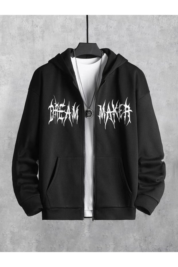 Dream Maker Text Sweatshirt Zippered Cardigan - Black Printed Oversize Pocket Winter Hoodie