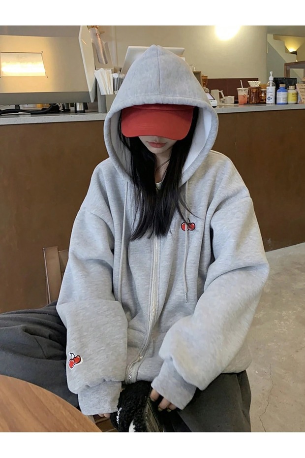 Cherry Symbol Sweatshirt Zippered Cardigan - Gray Printed Oversize Pocket Winter Hoodie