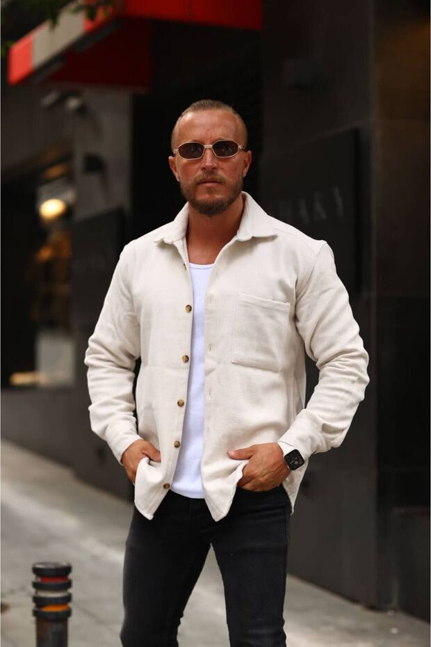 Oversize Cream Winter Cotton Fabric Lumberjack Shirt