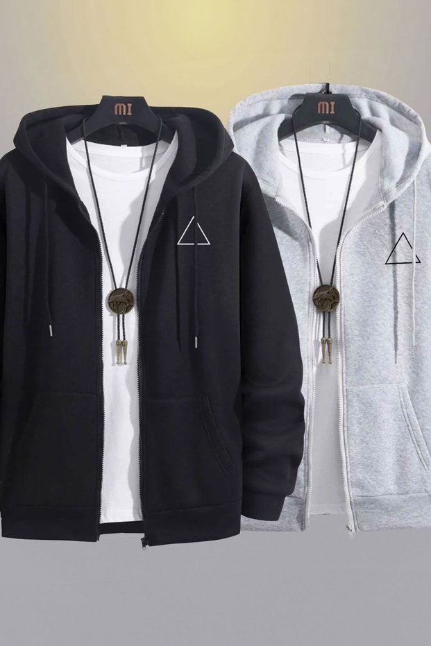 2-Piece Triangle Logo Sweatshirt Zippered Cardigan - Black Printed Oversize Pocket Winter Hoodie