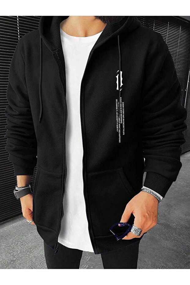 Vertical Symbol Sweatshirt Zippered Cardigan - Black Printed Oversize Pocket Winter Hoodie