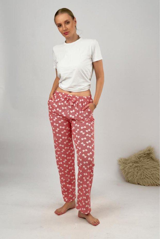 Women's Cotton Elastic Waist Ribbon Patterned Pajama Bottoms with Pockets and Red Bow