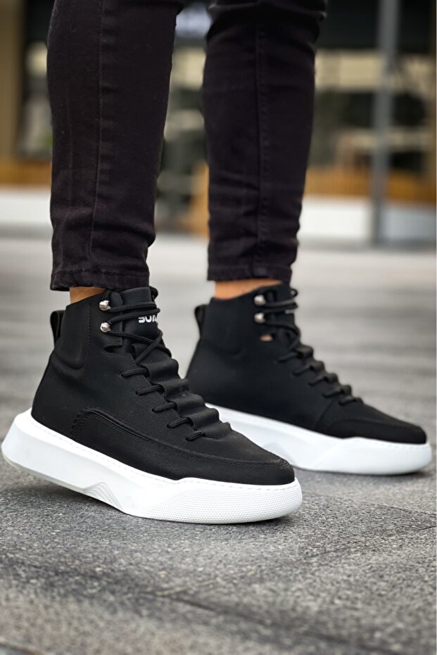 BA0321 Gizli Bağcıklı Erkek Yüksek Taban Siyah Beyaz Spor Bot - 5