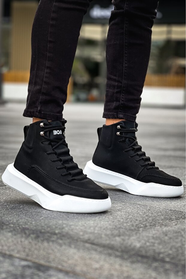 BA0321 Gizli Bağcıklı Erkek Yüksek Taban Siyah Beyaz Spor Bot - 4