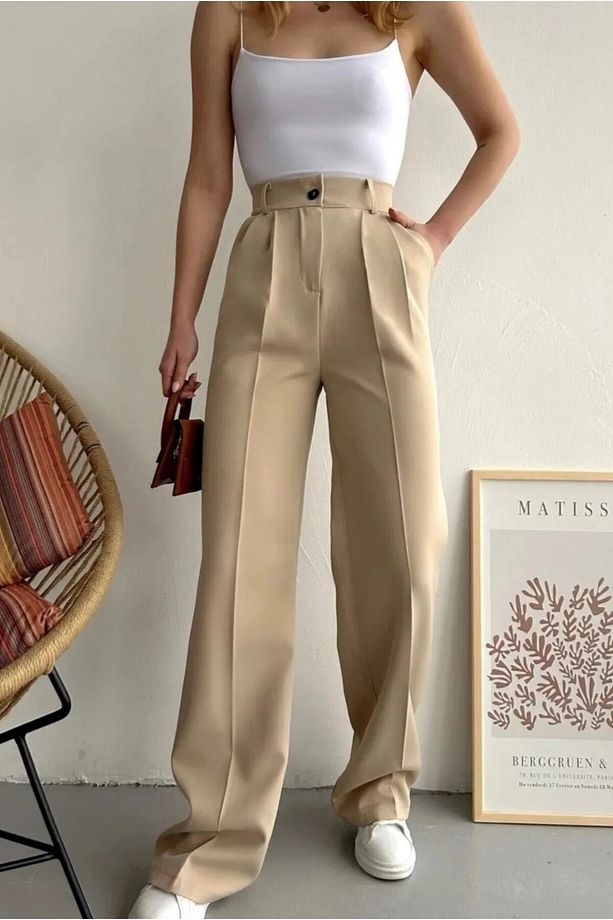 Bej Yüksek Bel Tek Pileli Double Kumaş Palazzo Pantolon 103 Cm - 3