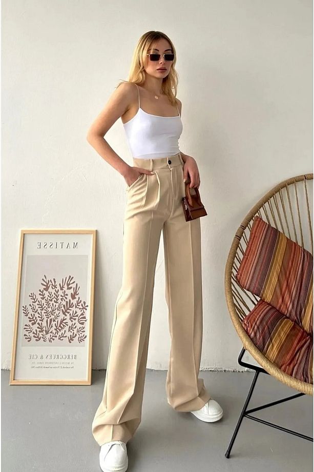 Bej Yüksek Bel Tek Pileli Double Kumaş Palazzo Pantolon 103 Cm - 4