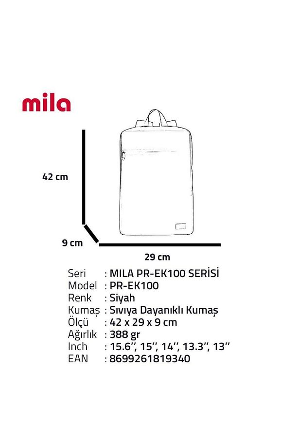 Mila PR-EK101 15,6'Su Geçirmez Kumaş Fermuar Notebook Sırt Çantası+Kablosuz Mouse - 7