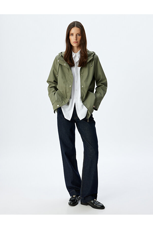 Hip Length Zippered Hooded Raincoat with Pockets