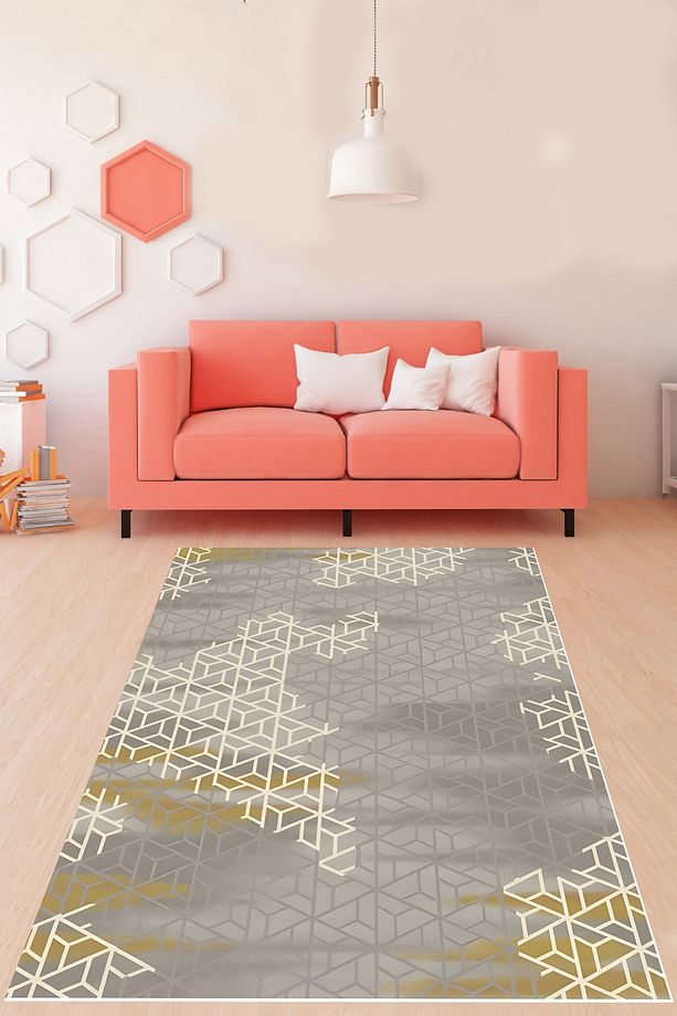 Geometrik Petek Desenli Minimal Yıkanabilir Kaymaz Taban Leke Tutmaz Salon Halısı Yoluk - 2