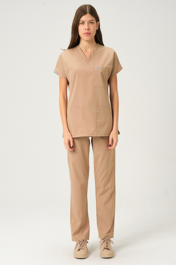 Lycra Scrubs Beige Bat Sleeve Doctor Nurse Jersey Suit