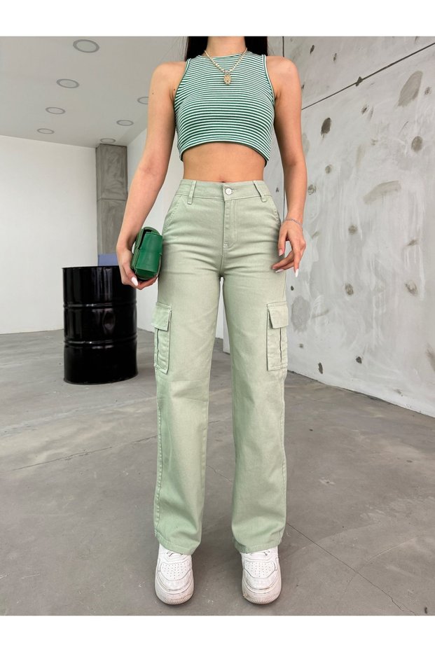 Women's Aqua Green High Waist Wide Leg Cargo Pants