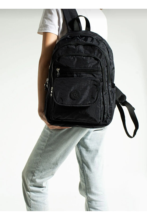 حقيبة ظهر ميجا سوداء متعددة الأقسام مناسبة للمدرسة والاستخدام اليومي - 1