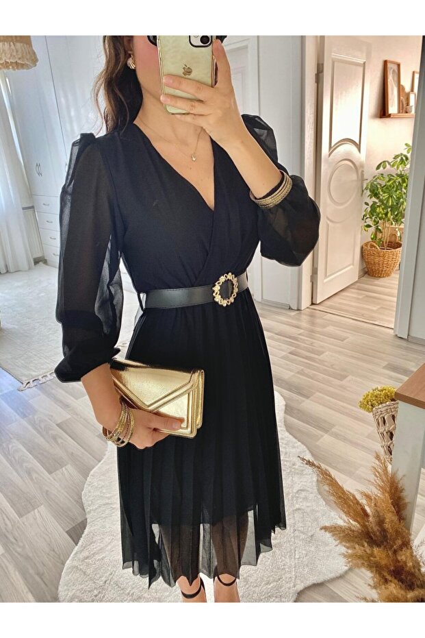 Women's chiffon fabric lined flared cut double breasted collar midi length dress