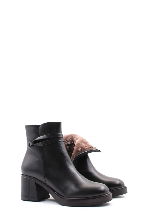 Tugerdi Black Fur Lined Genuine Leather Zippered Rubber Sole Women's Boots Tg 097571126124924
