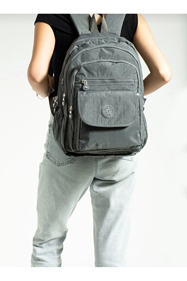 Gray Water Resistant Crinker Fabric Multi-Compartment Backpack - 1