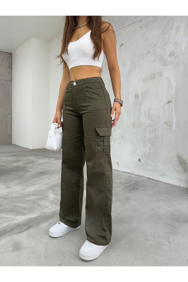 Khaki Cargo Pocket Lycra High Waist Wide Leg Trousers