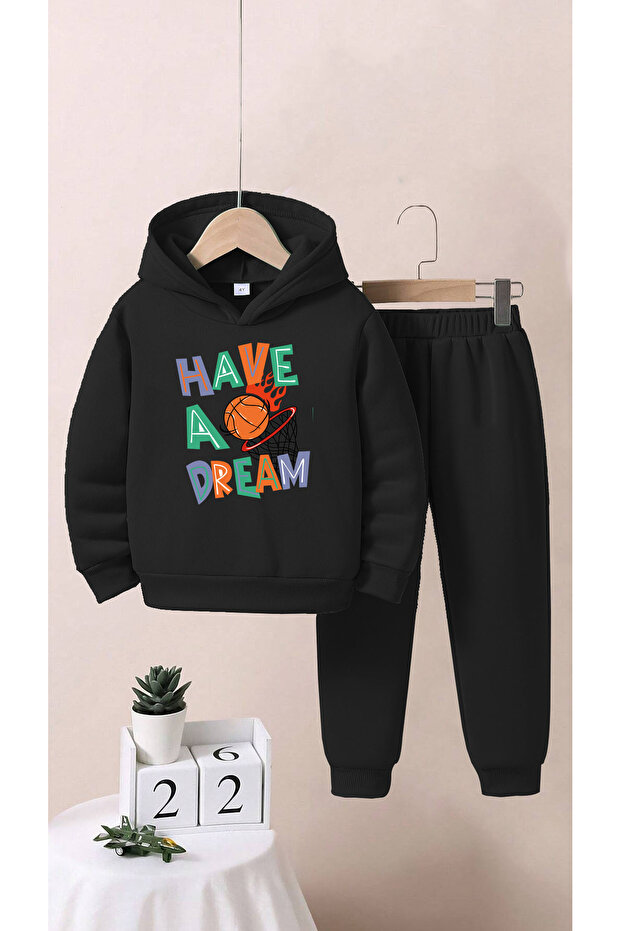Children's Have a Dream Writing Printed Bottom Top Tracksuit Set Black