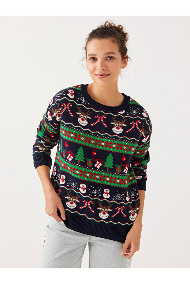 Bisiklet Yaka Yılbaşı Temalı Uzun Kollu Kadın Triko Kazak - 3