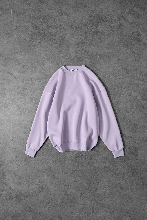 Erkek Lila Basic Bisiklet Yaka Oversize Sweatshirt - 1
