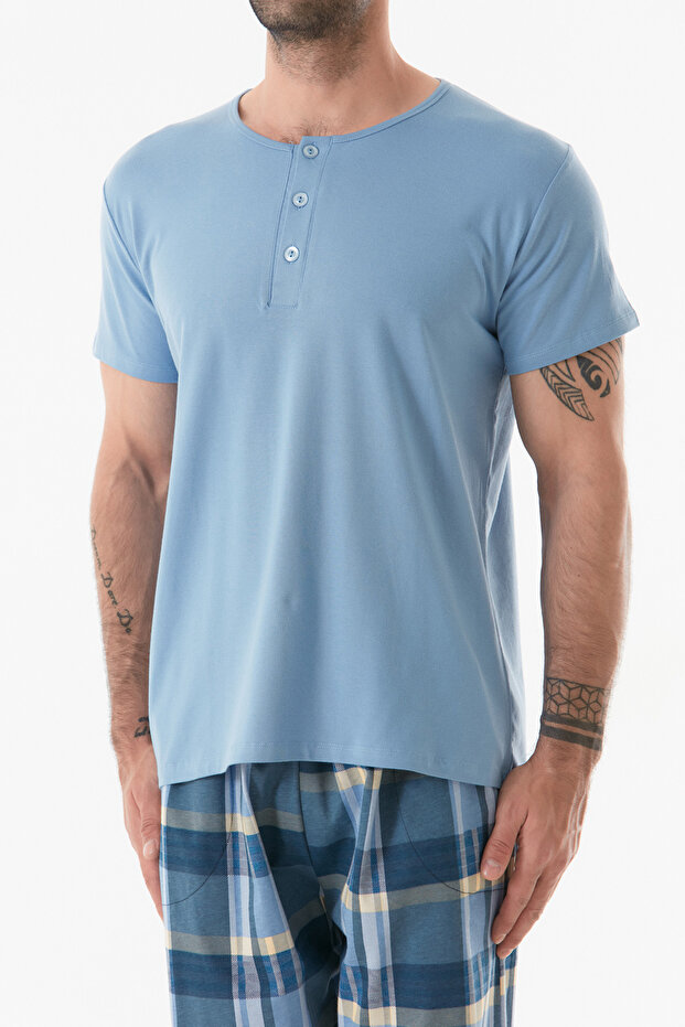 طقم بيجامة منقوشة بأزرار - 5