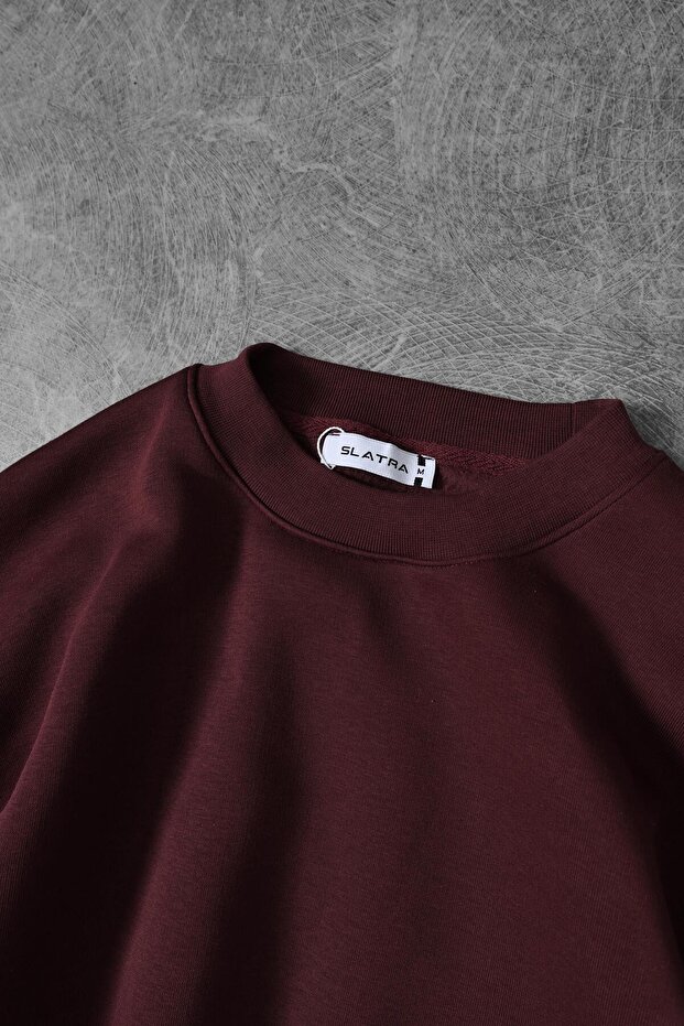 Erkek Bordo Basic Bisiklet Yaka Oversize Sweatshirt - 2