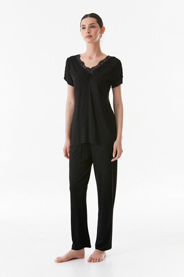 V-Neck Lace Basic Pajama Set - 2