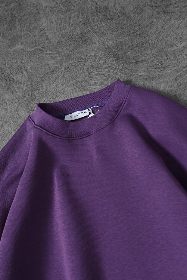 Erkek Mor Basic Bisiklet Yaka Oversize Sweatshirt - 2