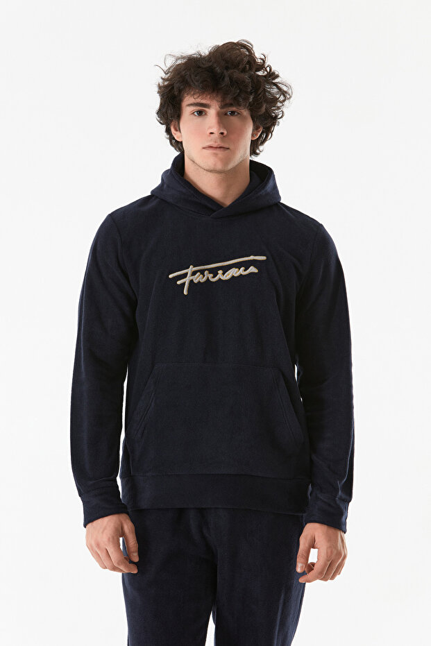 Text Embroidered Kangaroo Pocket Hooded Fleece Sweatshirt