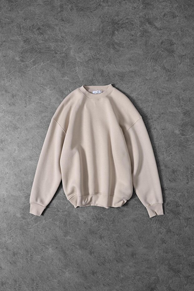 Erkek Bej Basic Bisiklet Yaka Oversize Sweatshirt - 1