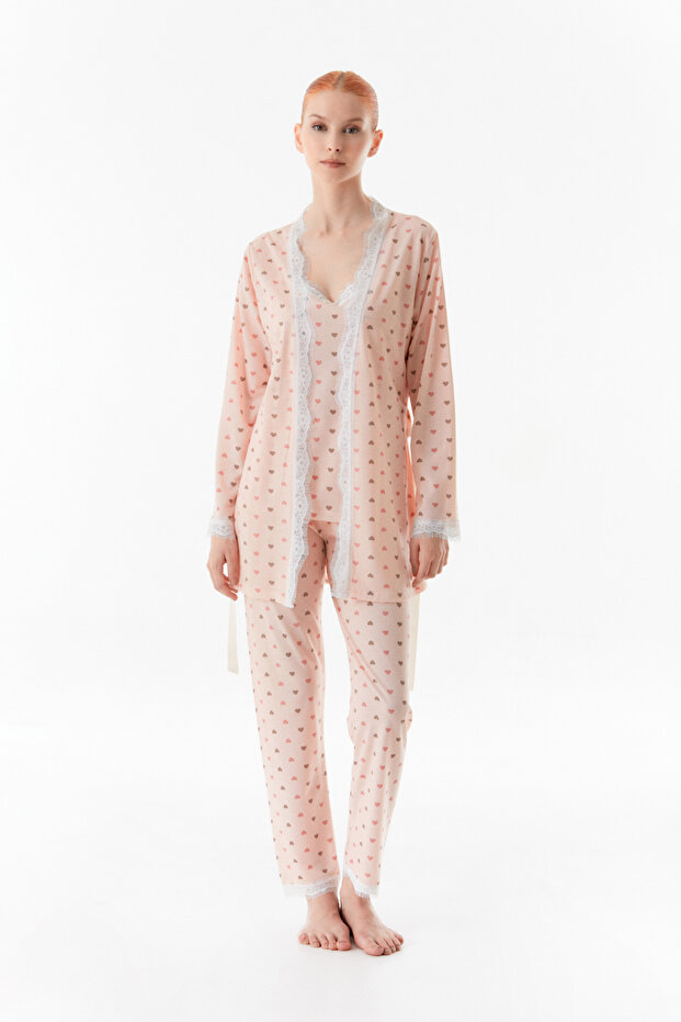 Kalp Desenli  İp Askılı  3 Lü Pijama Takımı - 1