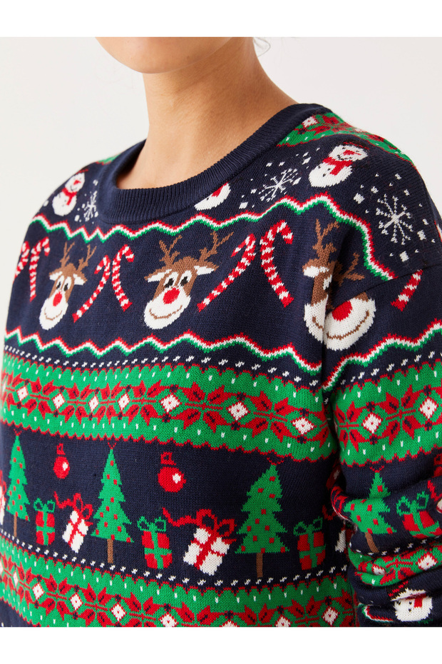 Bisiklet Yaka Yılbaşı Temalı Uzun Kollu Kadın Triko Kazak - 7