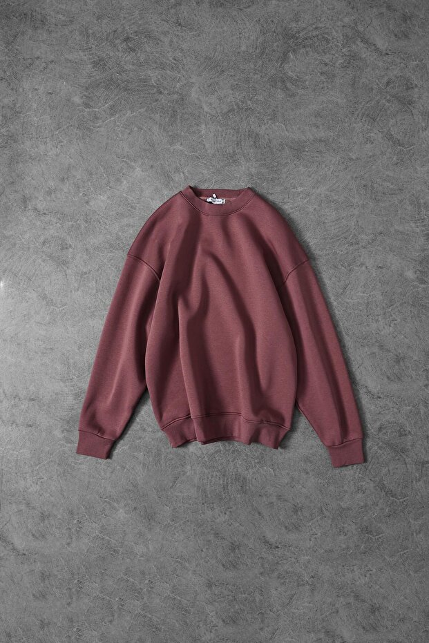 Erkek Mürdüm Basic Bisiklet Yaka Oversize Sweatshirt - 1