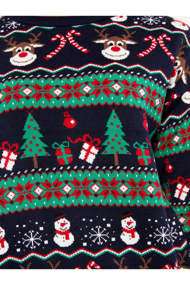 Bisiklet Yaka Yılbaşı Temalı Uzun Kollu Kadın Triko Kazak - 8